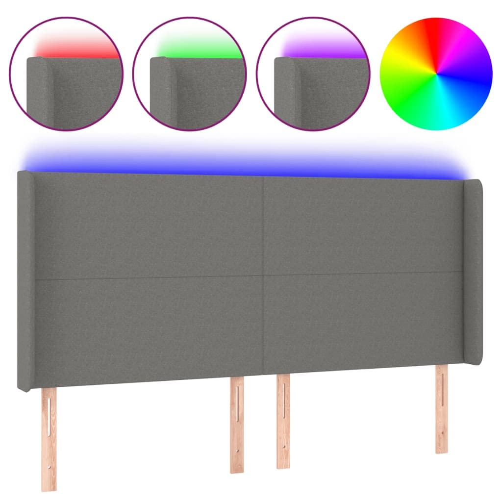 vidaXL Cabeceira de cama c/ LED tecido 203x16x118/128 cm cinza-escuro