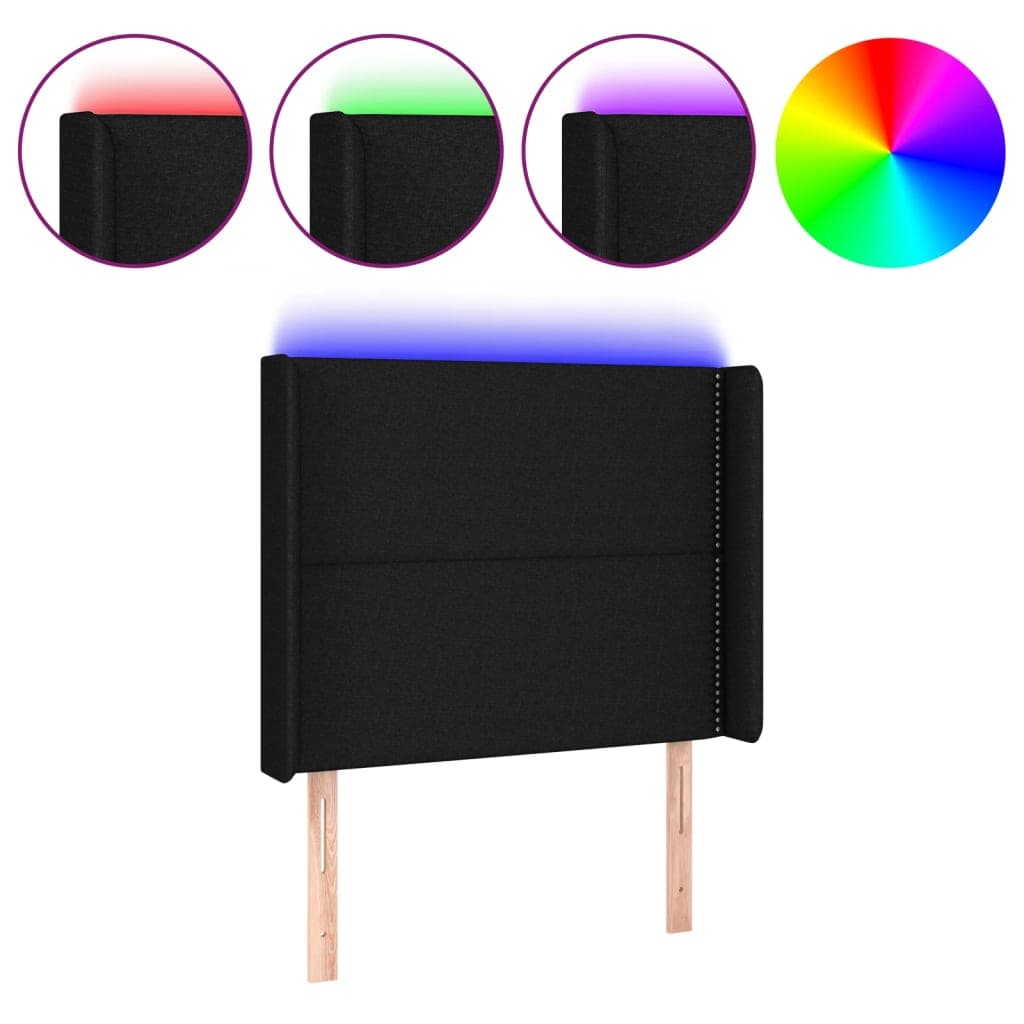 vidaXL Cabeceira de cama c/ luzes LED tecido 103x16x118/128 cm preto