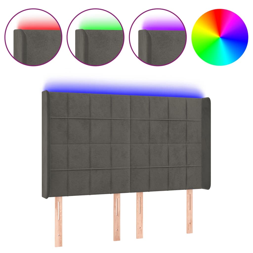 vidaXL Cabeceira de cama c/ LED veludo 147x16x118/128 cm cinza-escuro