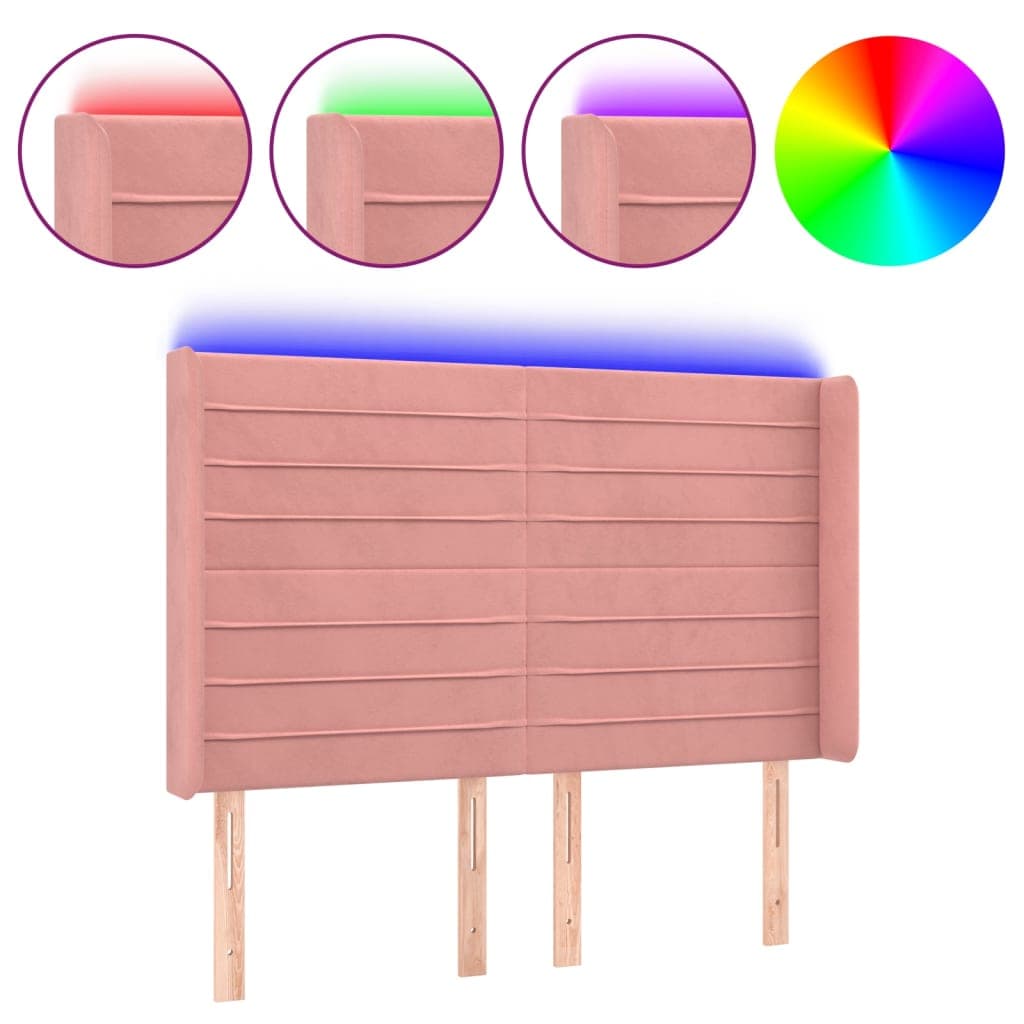 vidaXL Cabeceira de cama c/ luzes LED veludo 147x16x118/128 cm rosa