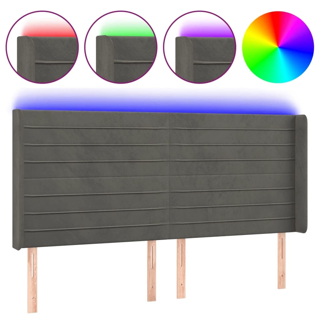 vidaXL Cabeceira de cama c/ LED veludo 203x16x118/128 cm cinza-escuro