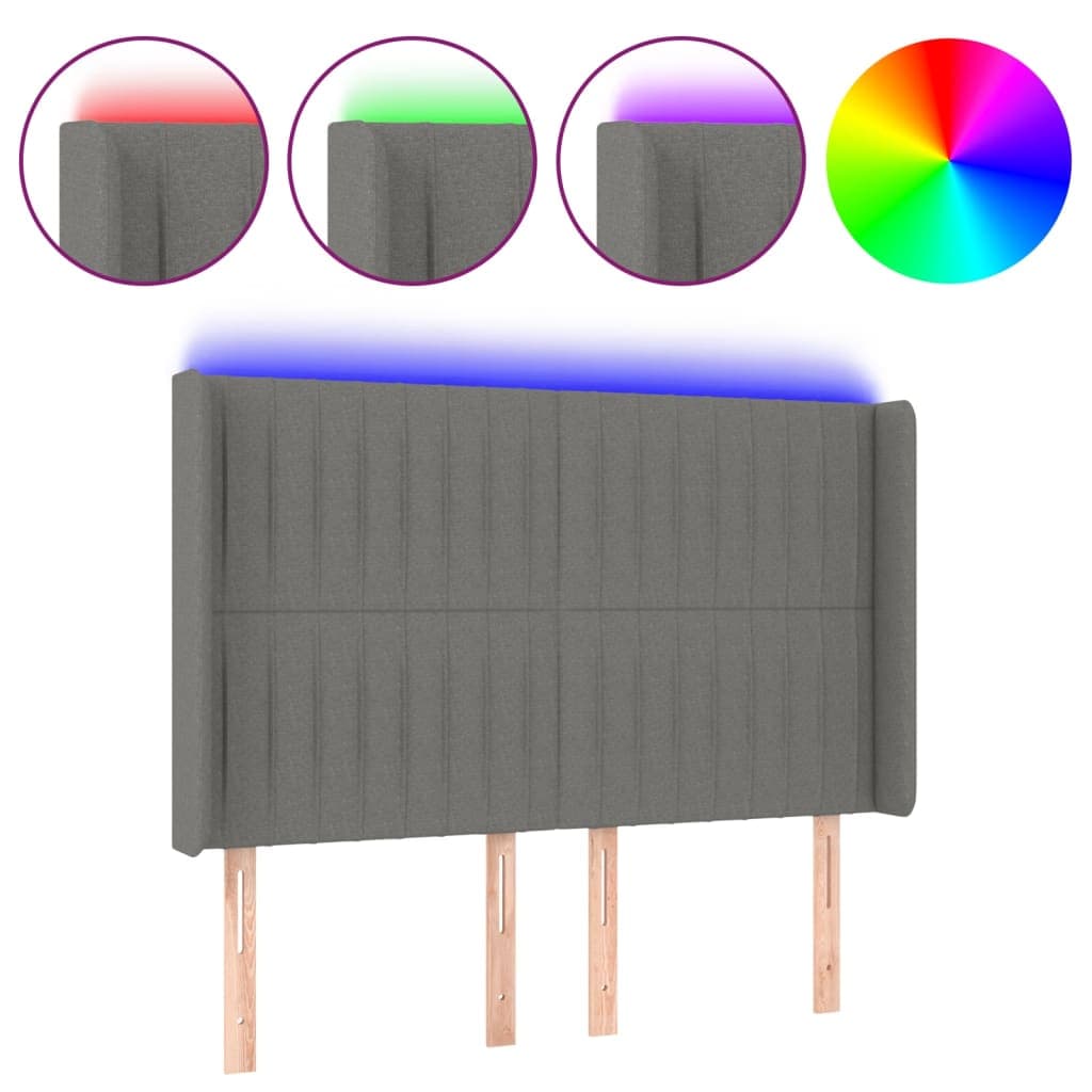 vidaXL Cabeceira de cama c/ LED tecido 147x16x118/128 cm cinza-escuro