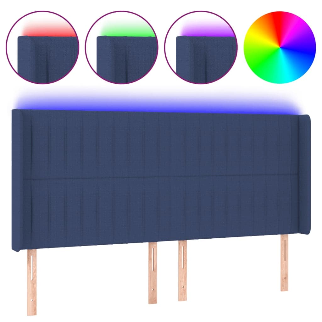 vidaXL Cabeceira de cama c/ luzes LED tecido 163x16x118/128 cm azul