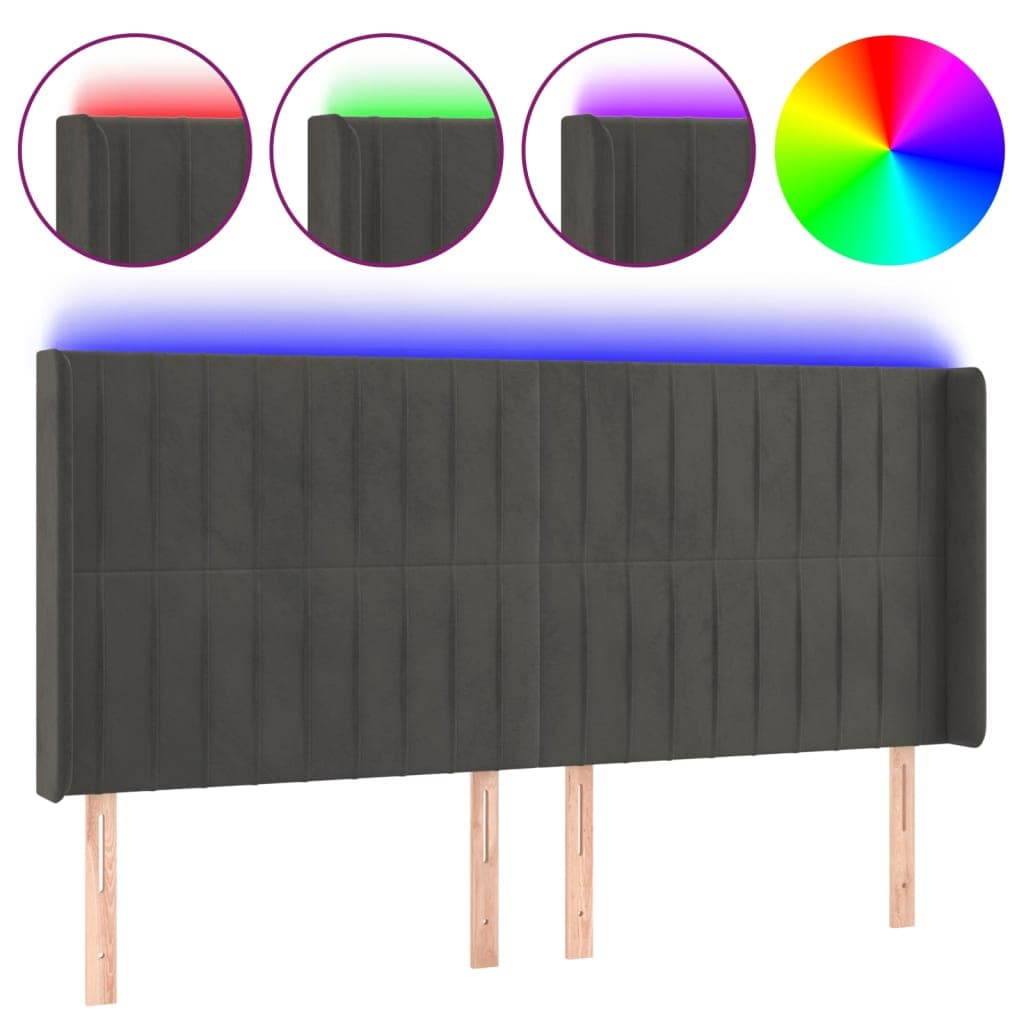 vidaXL Cabeceira de cama c/ LED veludo 163x16x118/128 cm cinza-escuro