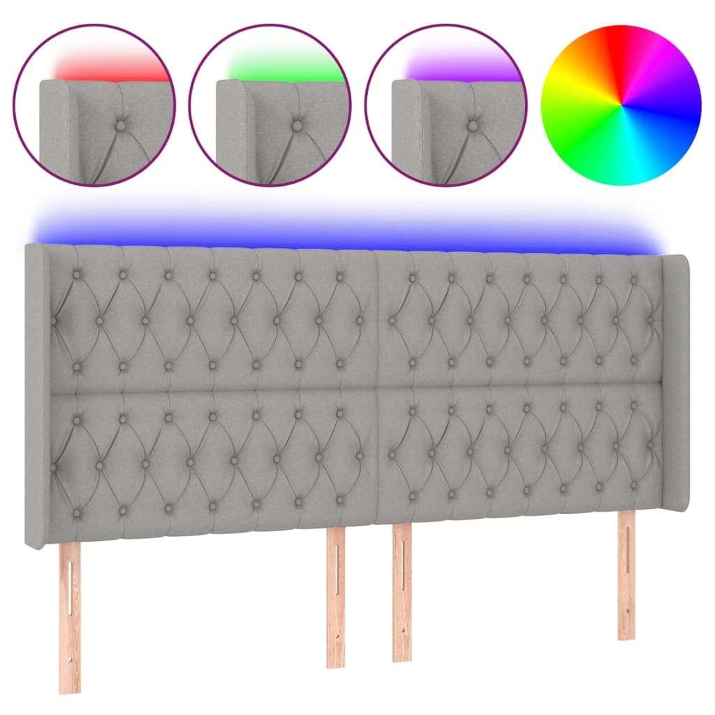 vidaXL Cabeceira cama c/ luzes LED tecido 203x16x118/128cm cinza-claro