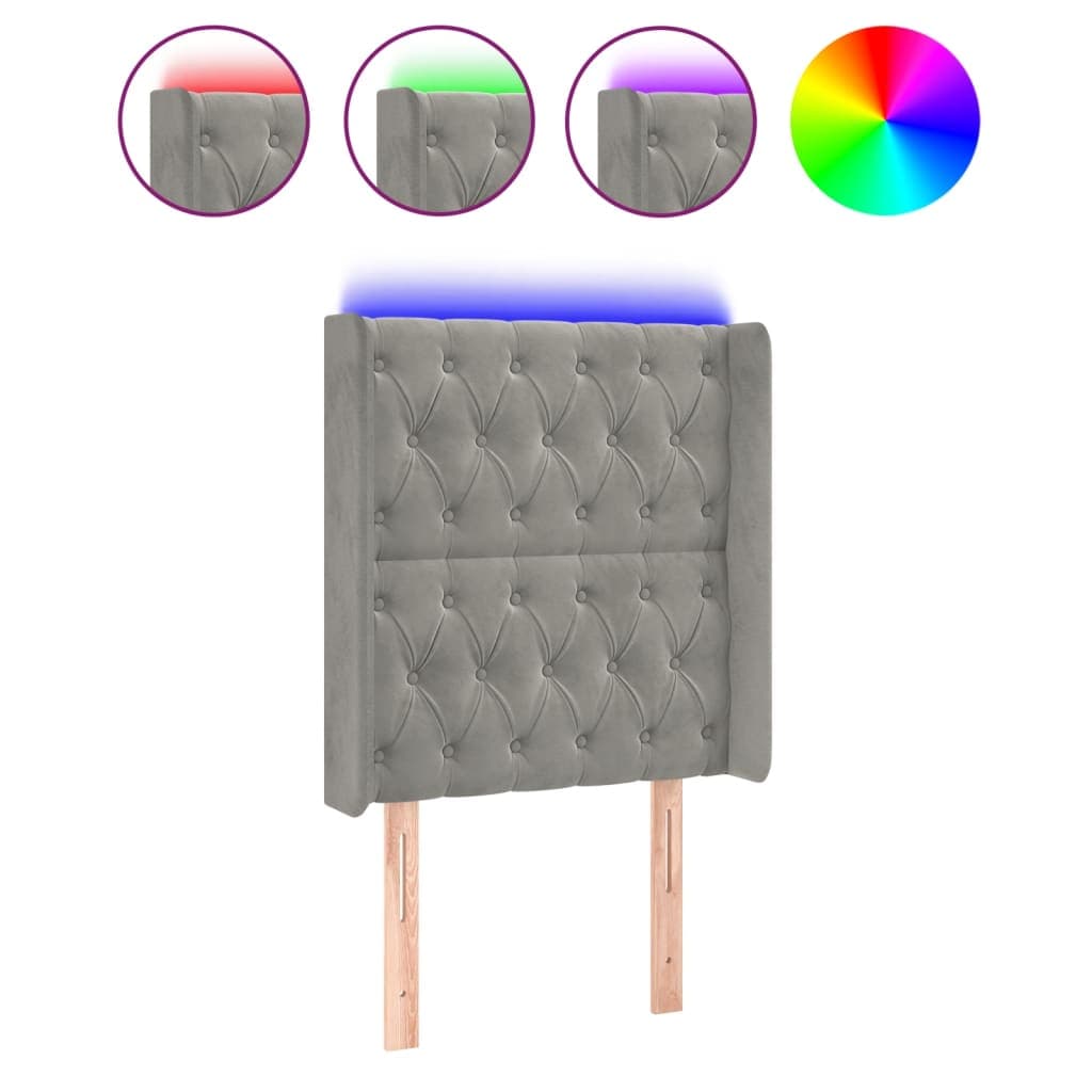 vidaXL Cabeceira cama c/ luzes LED veludo 83x16x118/128 cm cinza-claro