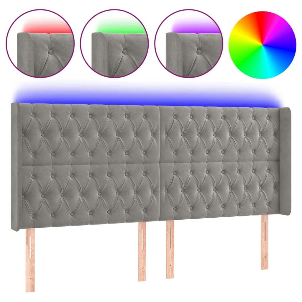 vidaXL Cabeceira cama c/ luzes LED veludo 203x16x118/128cm cinza-claro