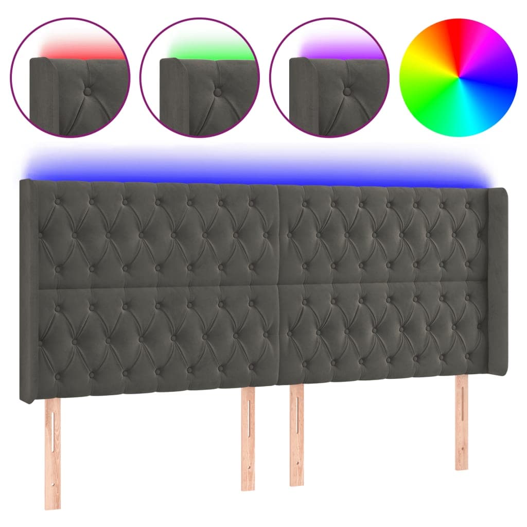 vidaXL Cabeceira de cama c/ LED veludo 203x16x118/128 cm cinza-escuro