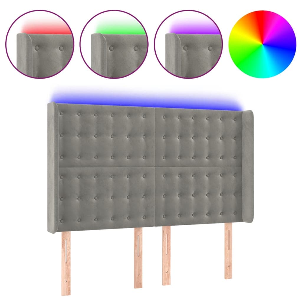 vidaXL Cabeceira cama c/ luzes LED veludo 147x16x118/128cm cinza-claro