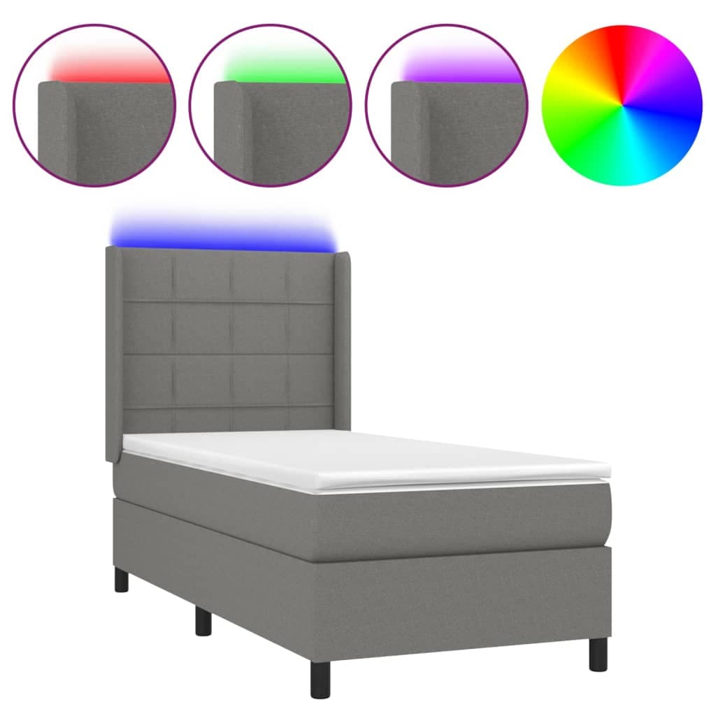 vidaXL Cama Box Spring com Colchão e LED 90x200 cm Tecido Cinza-escuro - 940698707