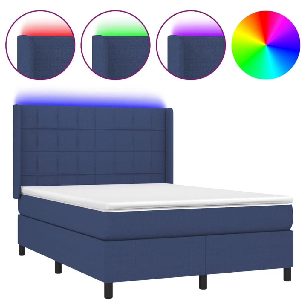 vidaXL Cama box spring c/ colchão e LED 140x190 cm tecido azul