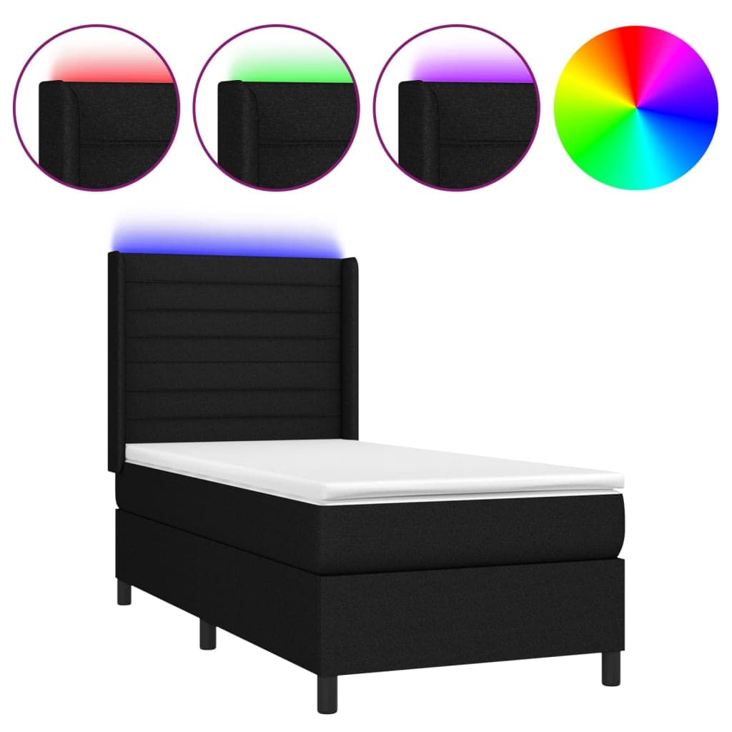 vidaXL Cama box spring c/ colchão e LED 90x200 cm tecido preto