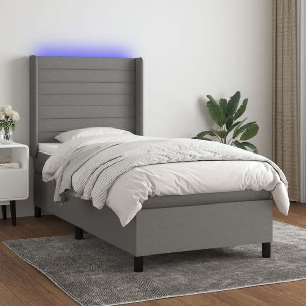 vidaXL Cama Box Spring com Colchão e LED 100x200 cm Tecido Cinza-escuro - 1346763655