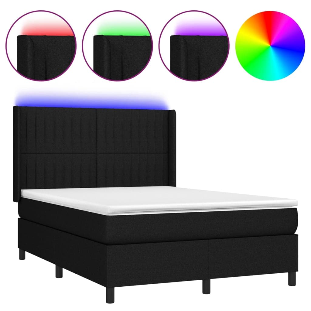 vidaXL Cama Box Spring com Colchão e LED 140x190 cm Tecido Preto - 627054989