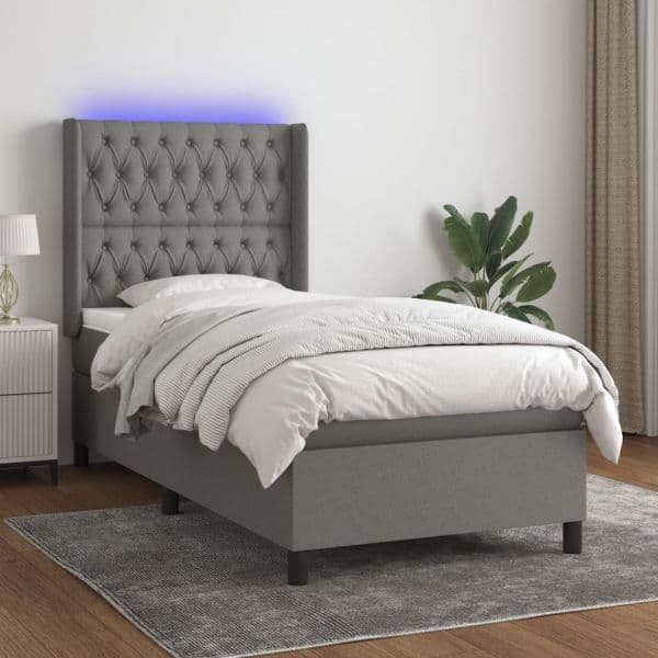 vidaXL Cama Box Spring com Colchão e LED 80x200 cm Tecido Cinza-escuro - 100656298
