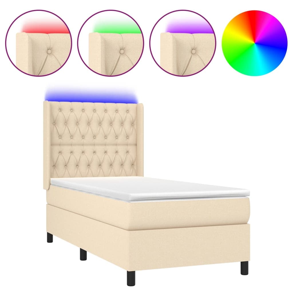 vidaXL Cama box spring c/ colchão e LED 100x200 cm tecido cor creme