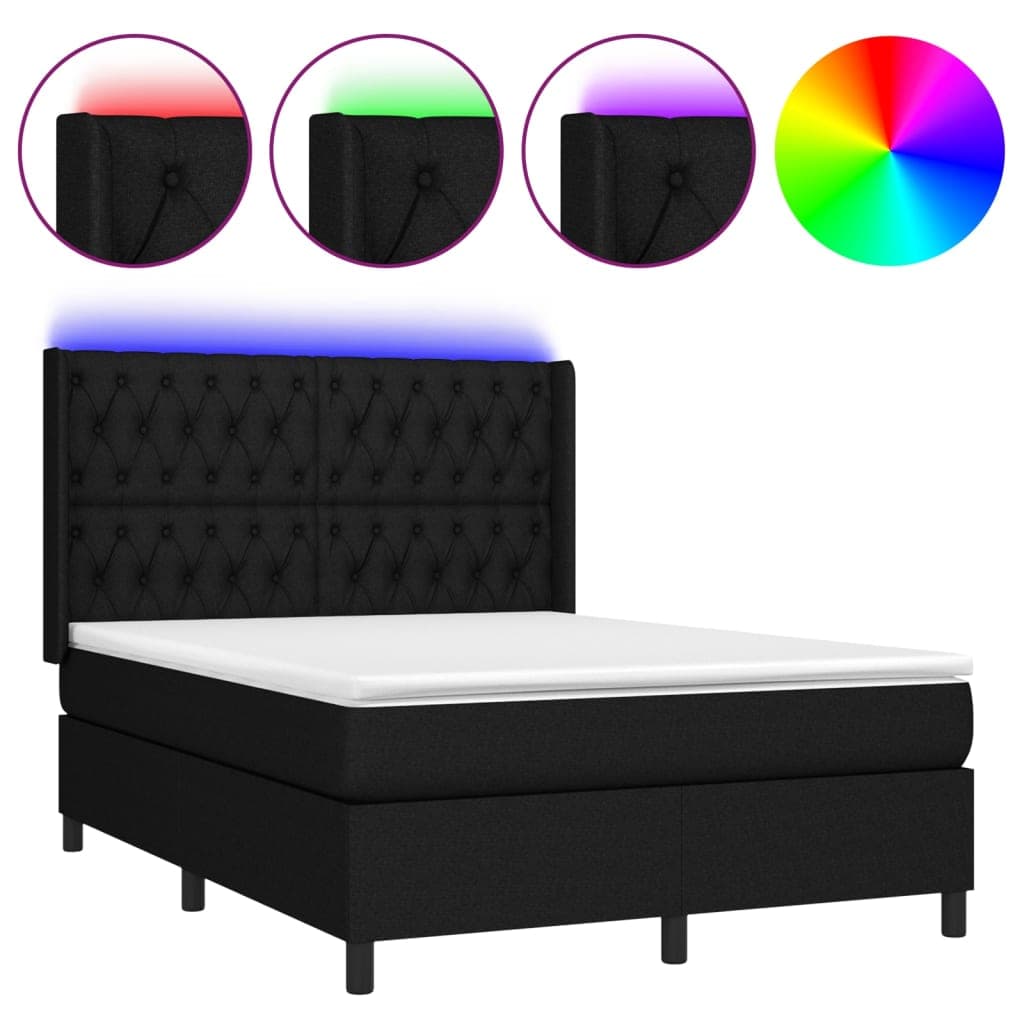 vidaXL Cama box spring c/ colchão e LED 140x190 cm tecido preto