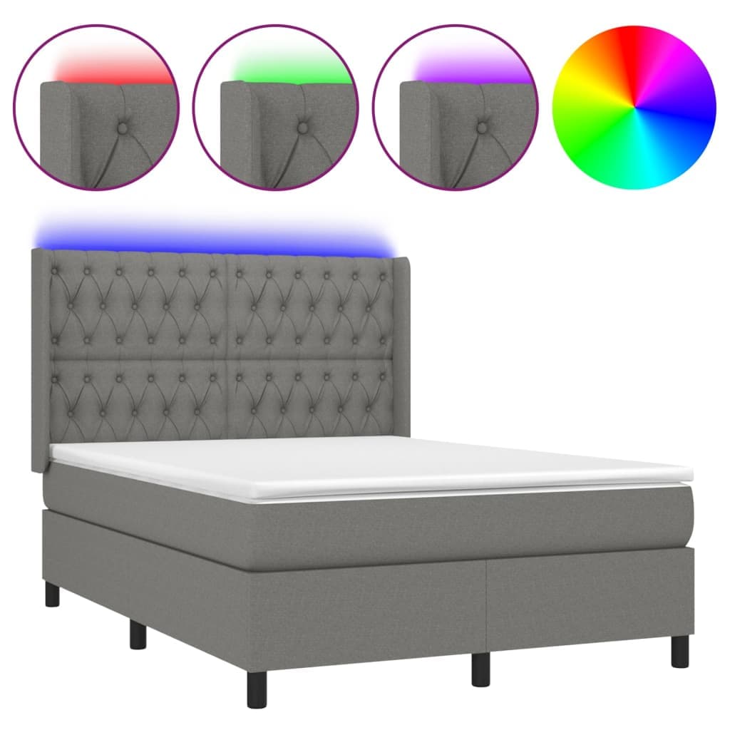 vidaXL Cama Box Spring com Colchão e LED 140x200 cm Tecido Cinza-escuro - 1867032988