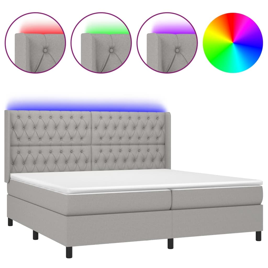 vidaXL Cama box spring c/ colchão e LED 200x200 cm tecido cinza-claro