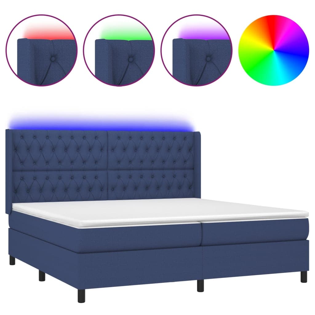 vidaXL Cama box spring c/ colchão e LED 200x200 cm tecido azul