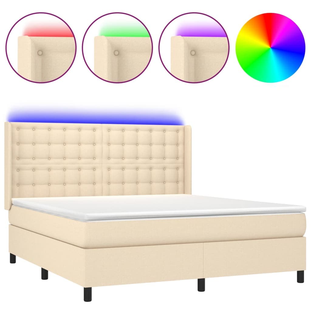 vidaXL Cama box spring c/ colchão e LED 180x200 cm tecido cor creme