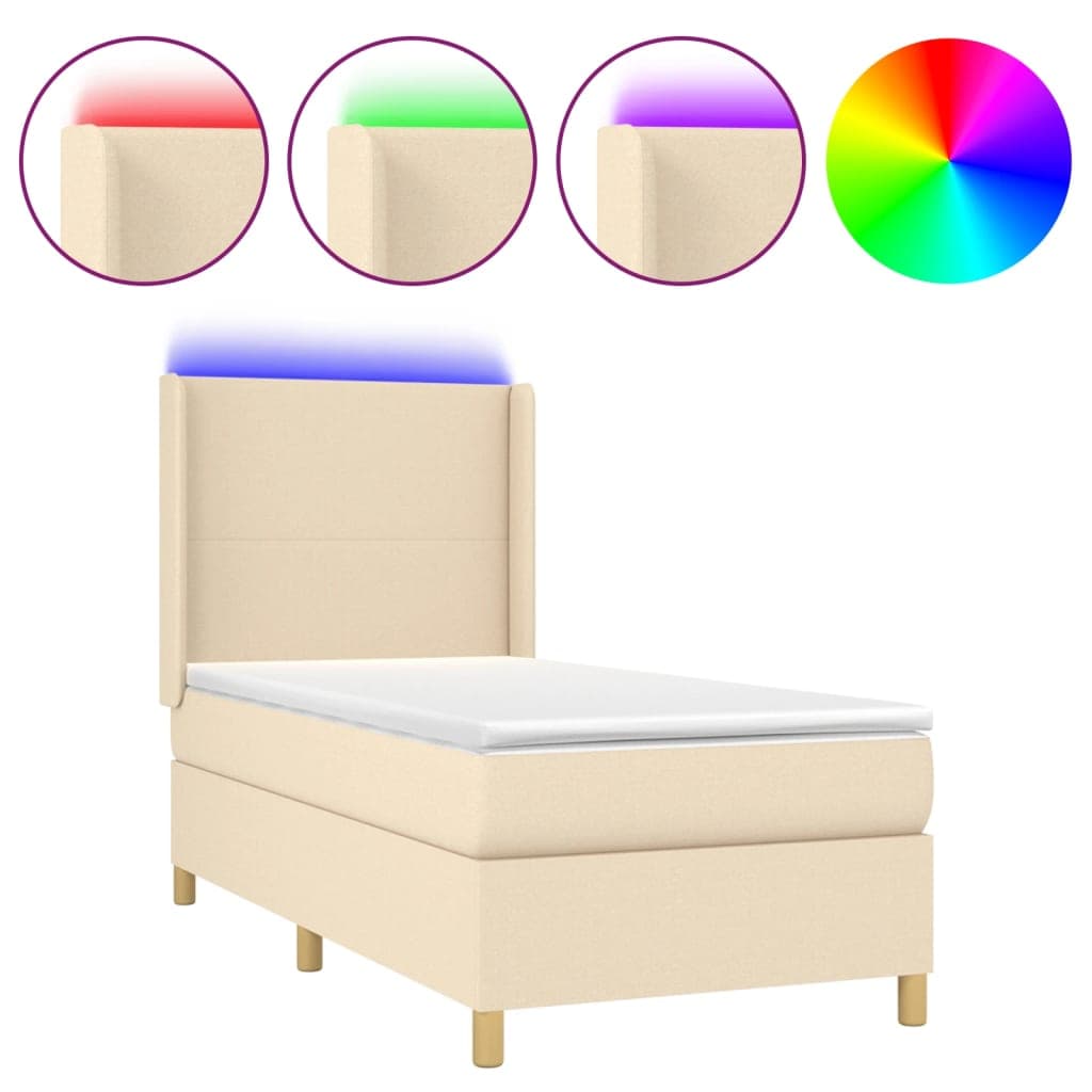 vidaXL Cama box spring c/ colchão e LED 90x190 cm tecido cor creme