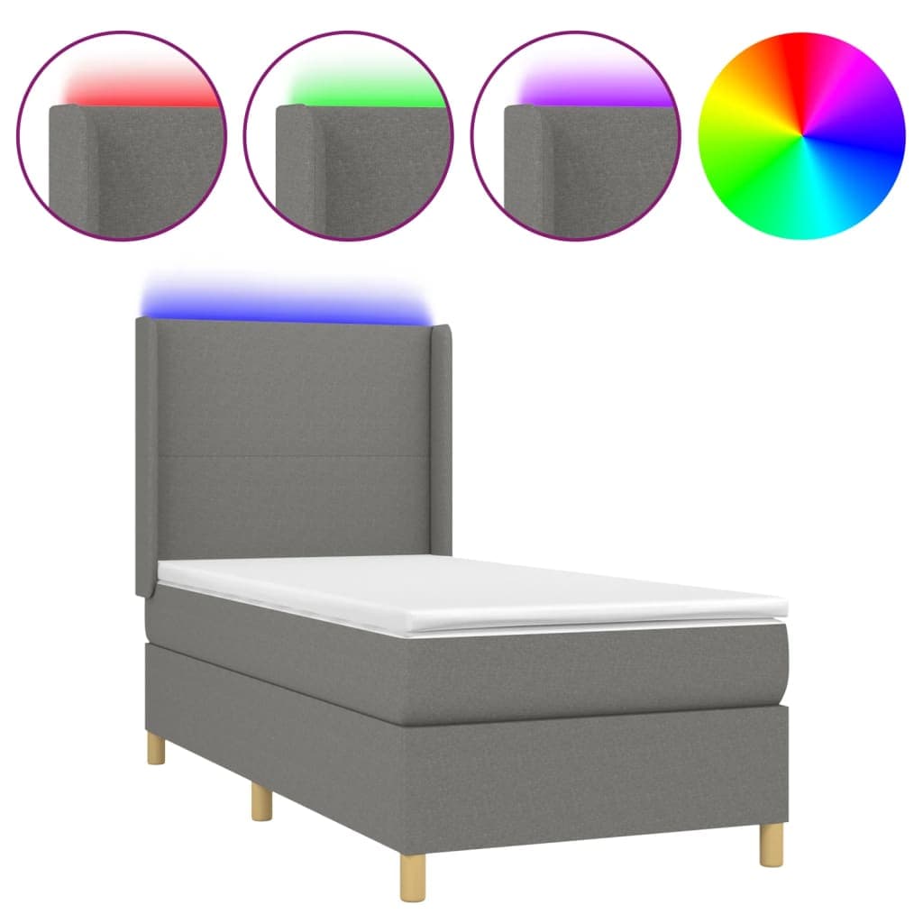 vidaXL Cama Box Spring com Colchão e LED 90x200 cm Tecido Cinza-escuro - 1058555023