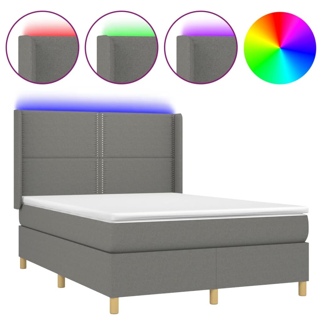 vidaXL Cama box spring c/ colchão e LED 140x200 cm tecido cinza-escuro