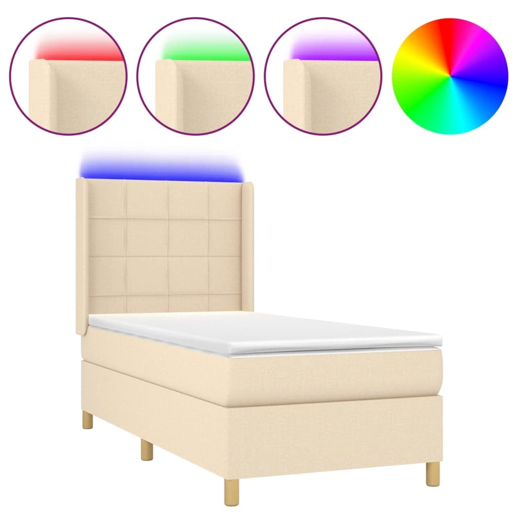 vidaXL Cama Box Spring com Colchão e LED 100x200 cm Tecido Cor Creme - 1737505487