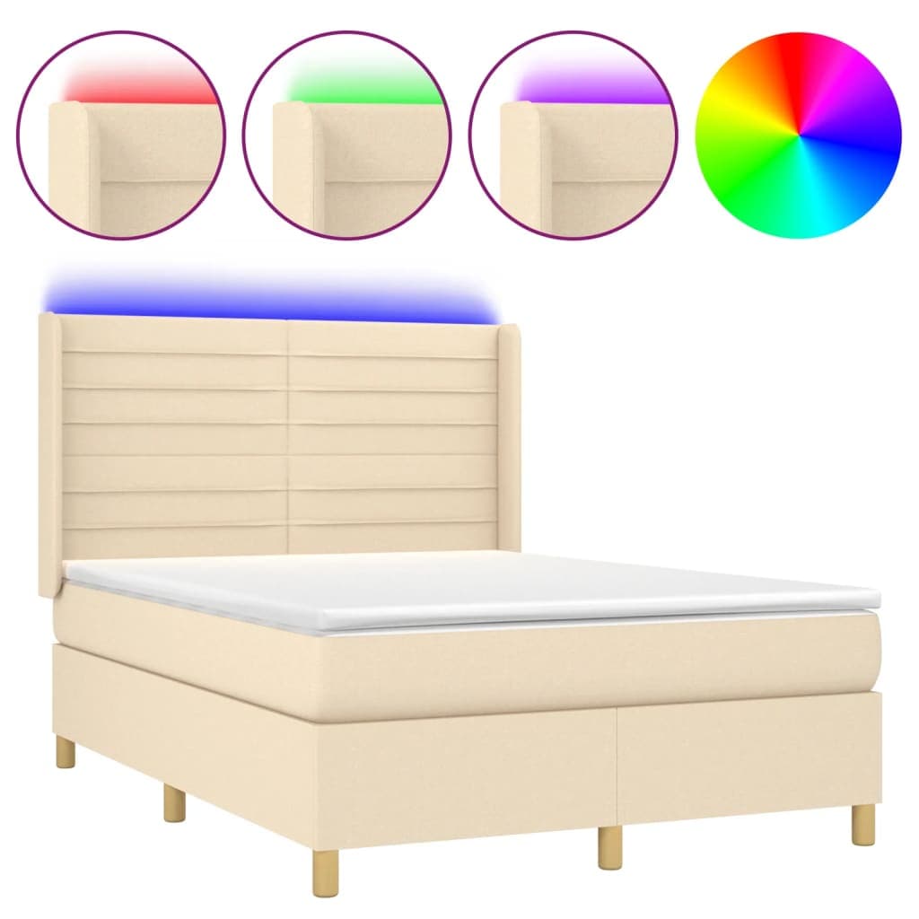 vidaXL Cama box spring c/ colchão e LED 140x200 cm tecido cor creme