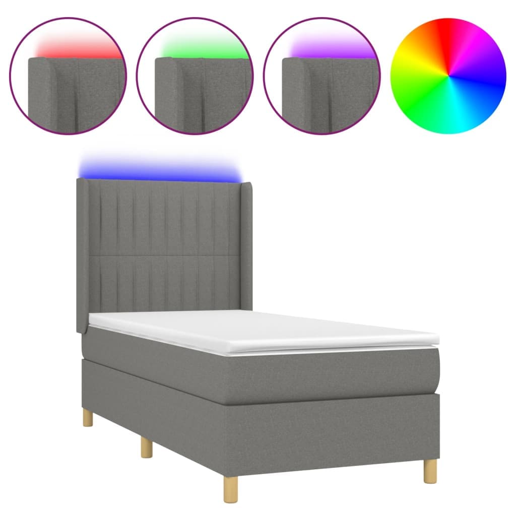 vidaXL Cama Box Spring com Colchão e LED 80x200 cm Tecido Cinza-escuro - 3292305350