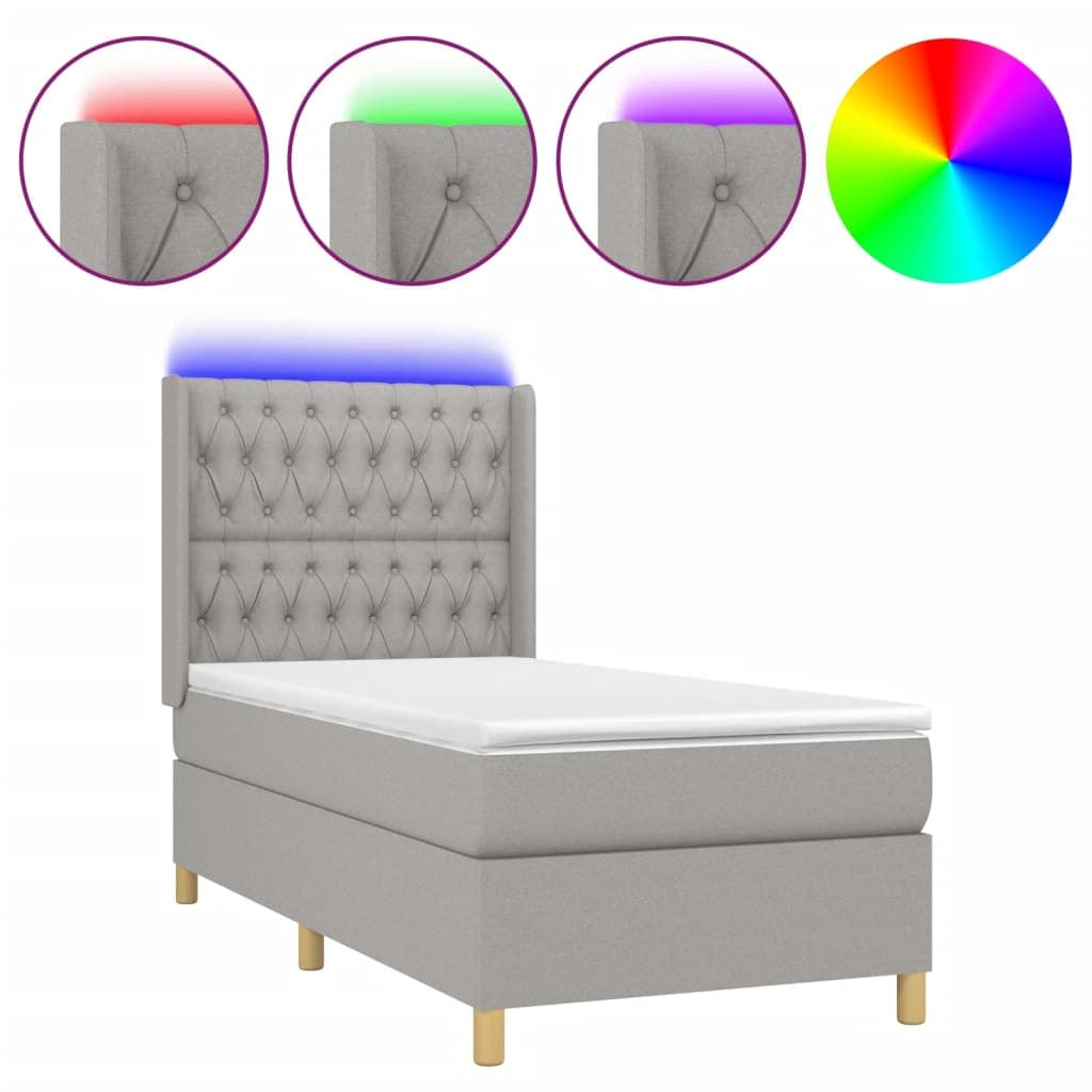 vidaXL Cama box spring c/ colchão e LED 90x190 cm tecido cinza-claro