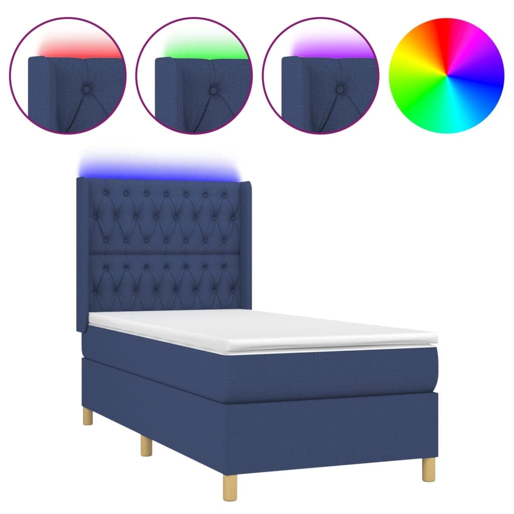 vidaXL Cama box spring c/ colchão e LED 90x200 cm tecido azul