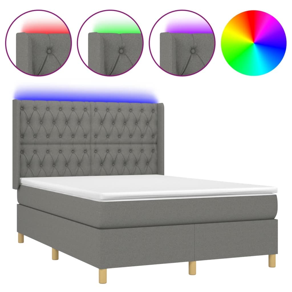 vidaXL Cama box spring c/ colchão e LED 140x200 cm tecido cinza-escuro