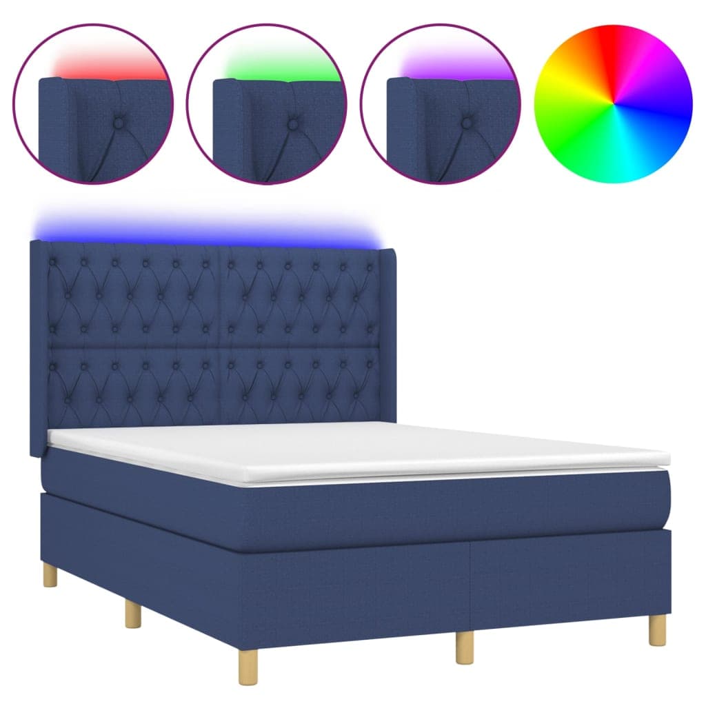 vidaXL Cama box spring c/ colchão e LED 140x200 cm tecido azul