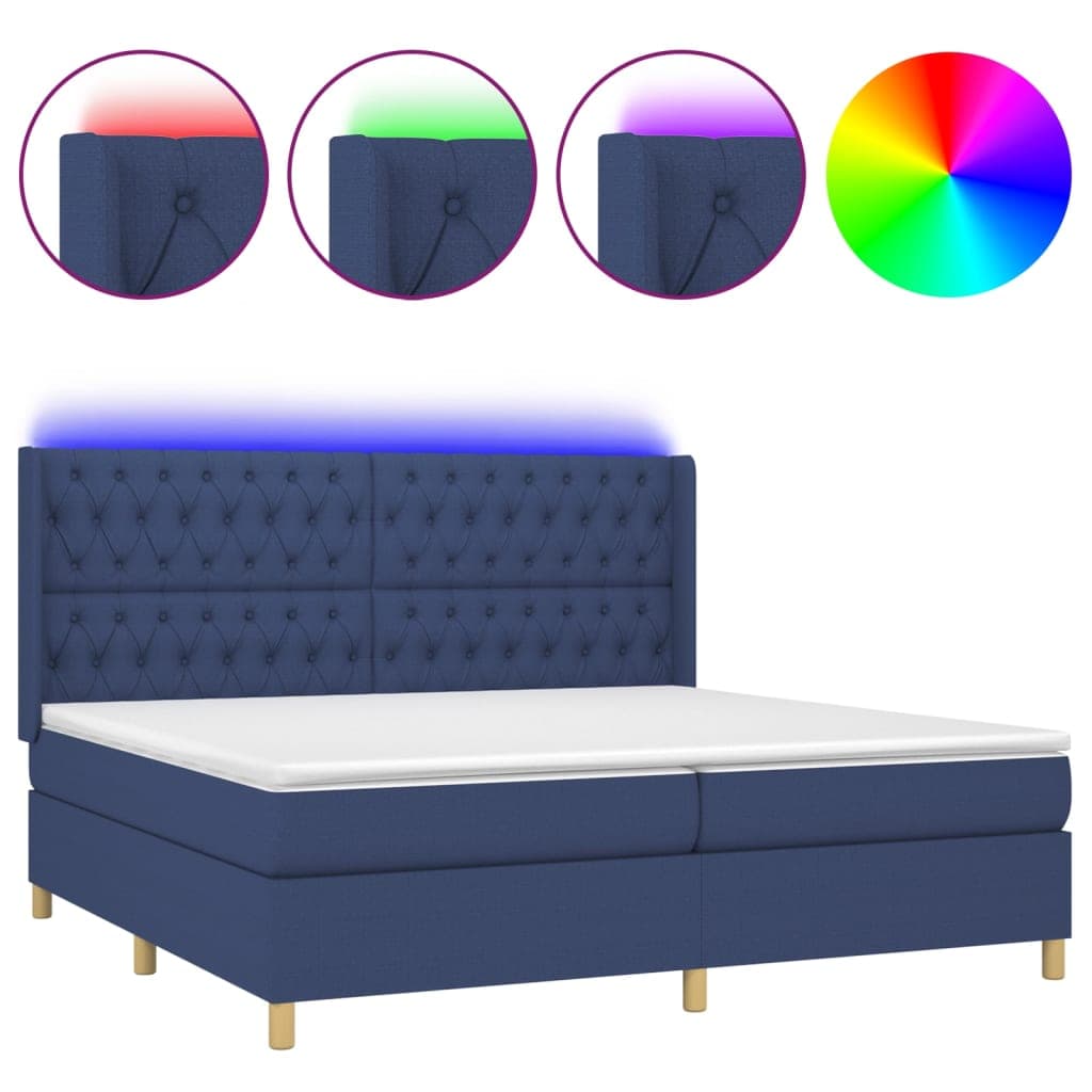 vidaXL Cama box spring c/ colchão e LED 200x200 cm tecido azul