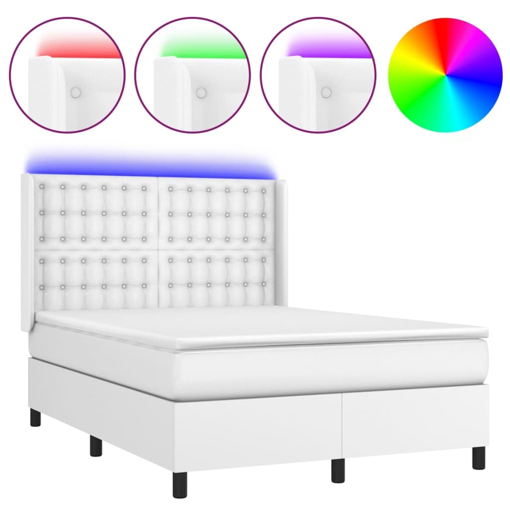vidaXL Cama box spring c/colchão/LED 140x200cm couro artificial branco