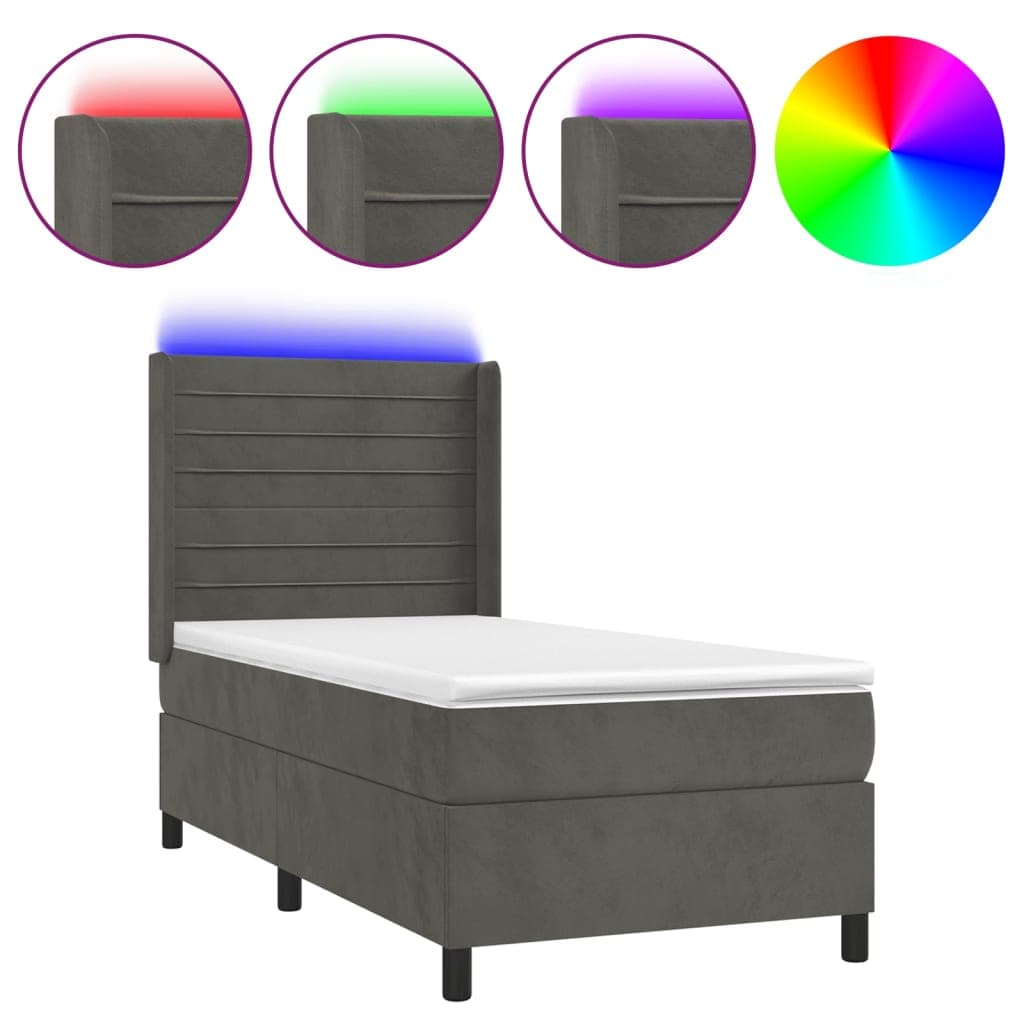 vidaXL Cama Box Spring com Colchão/led 90x190 cm Veludo Cinzento-escuro - 2633608434