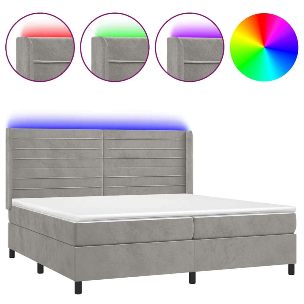 vidaXL Cama box spring c/ colchão/LED 200x200 cm veludo cinzento-claro