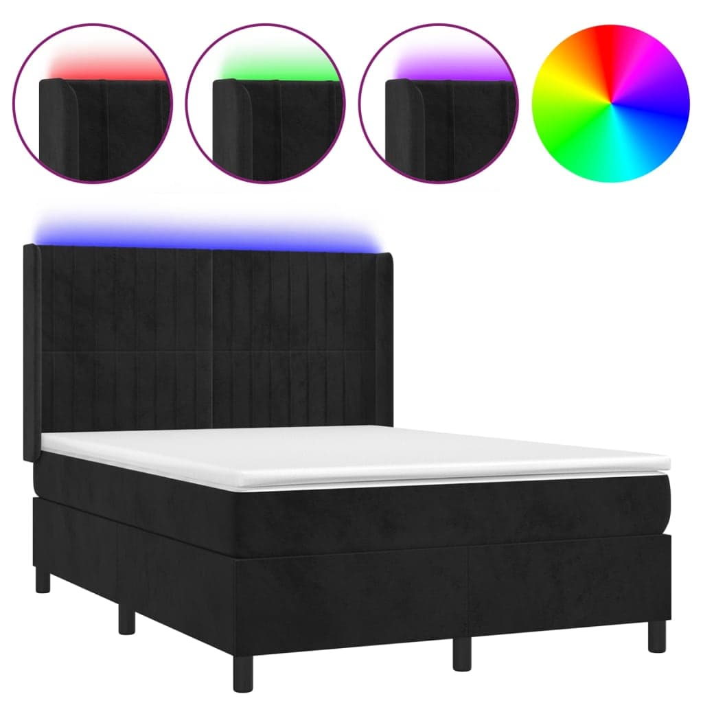 vidaXL Cama box spring c/ colchão/LED 140x200 cm veludo preto