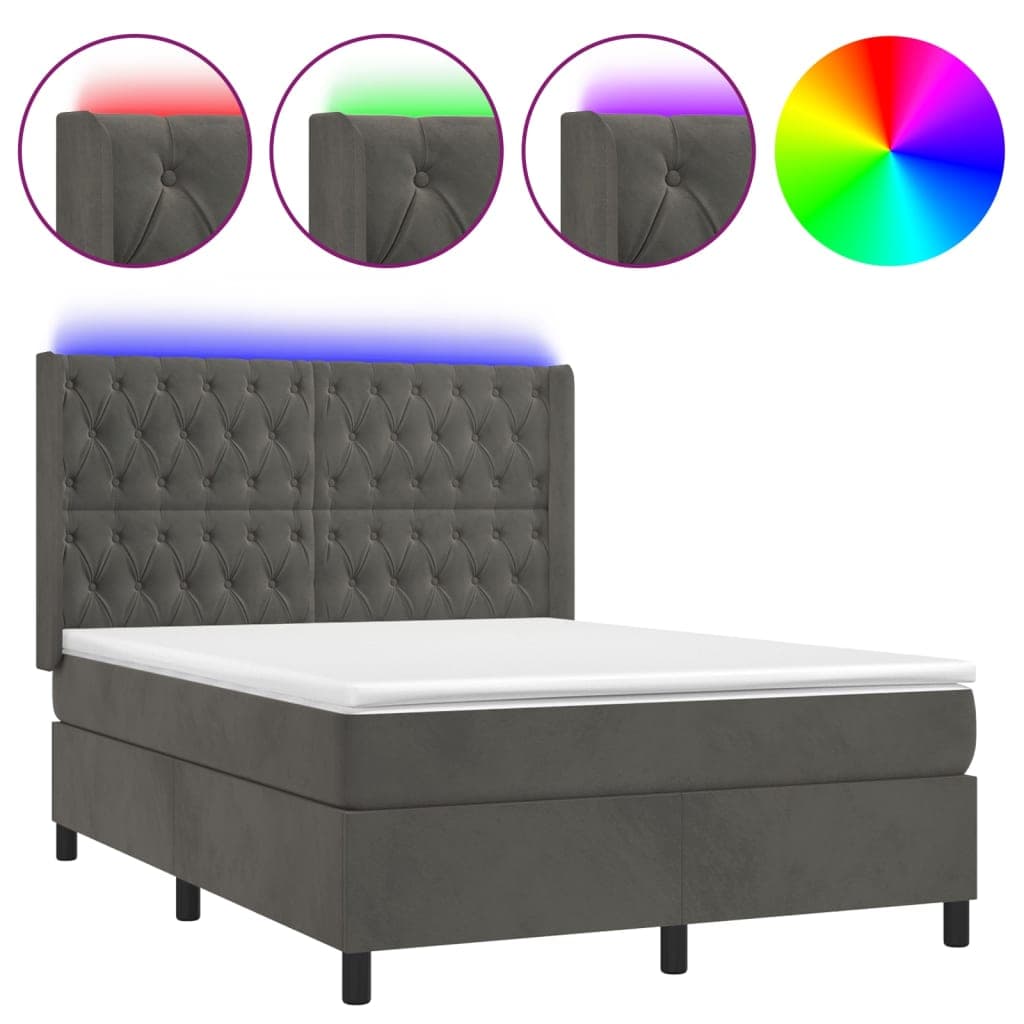 vidaXL Cama box spring c/ colchão/LED 140x190cm veludo cinzento-escuro