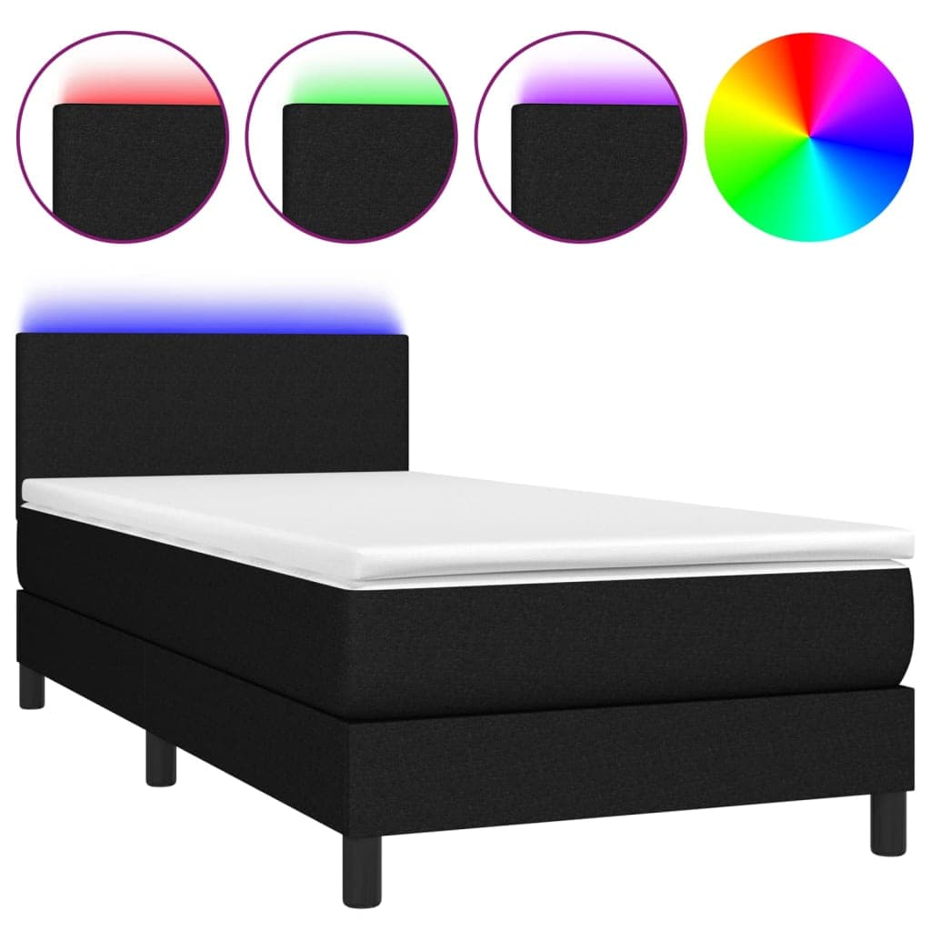 vidaXL Cama Box Spring com Colchão e LED 90x190 cm Tecido Preto - 2129166346