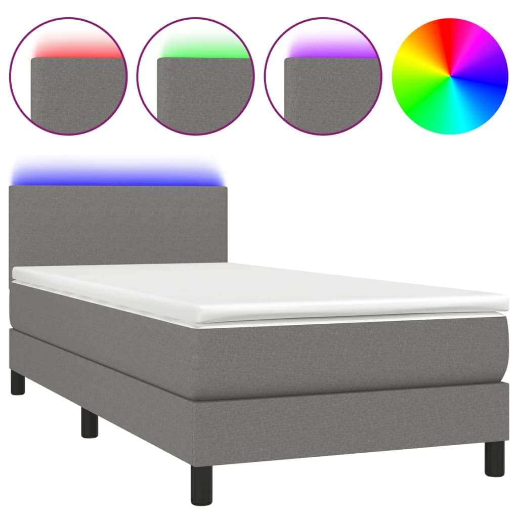 vidaXL Cama box spring c/ colchão e LED 100x200 cm tecido cinza-escuro