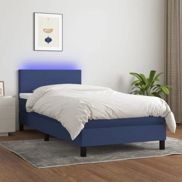 vidaXL Cama Box Spring com Colchão e LED 100x200 cm Tecido Azul - 1289675400