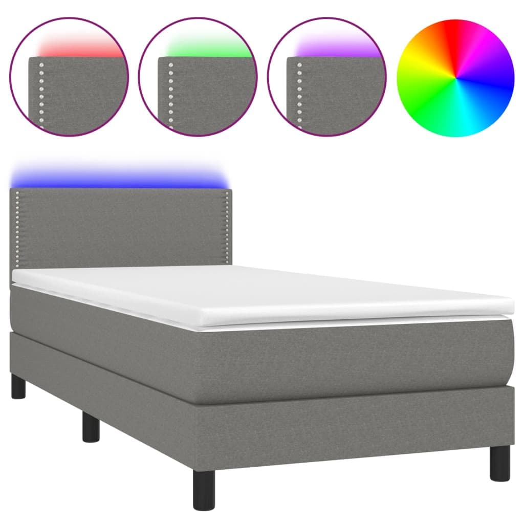 vidaXL Cama Box Spring com Colchão e LED 90x200 cm Tecido Cinza-escuro - 1075966000