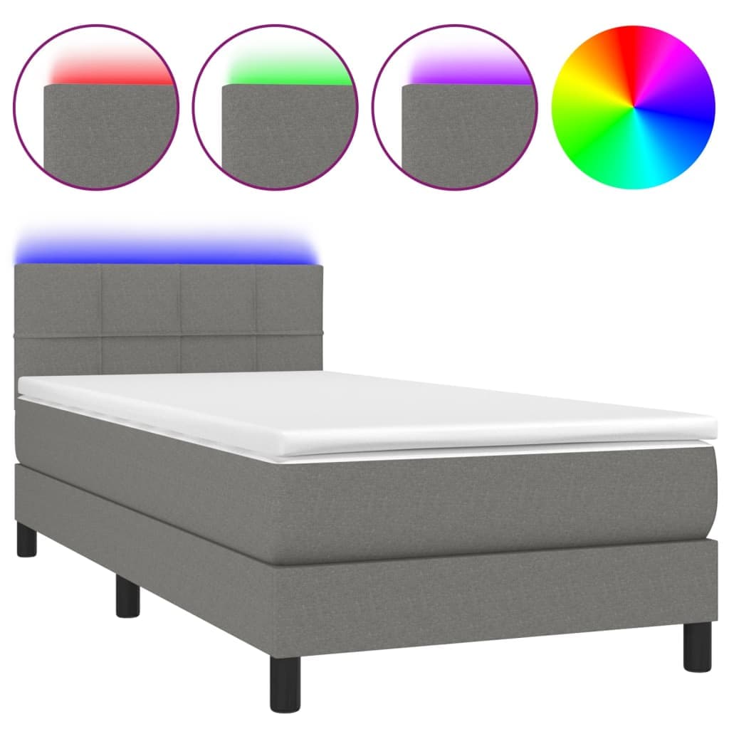 vidaXL Cama box spring c/ colchão e LED 90x200 cm tecido cinza-escuro