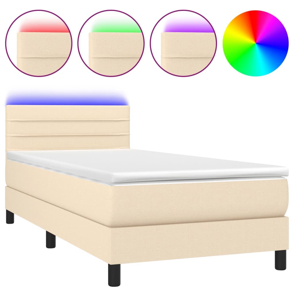 vidaXL Cama box spring c/ colchão e LED 90x190 cm tecido cor creme