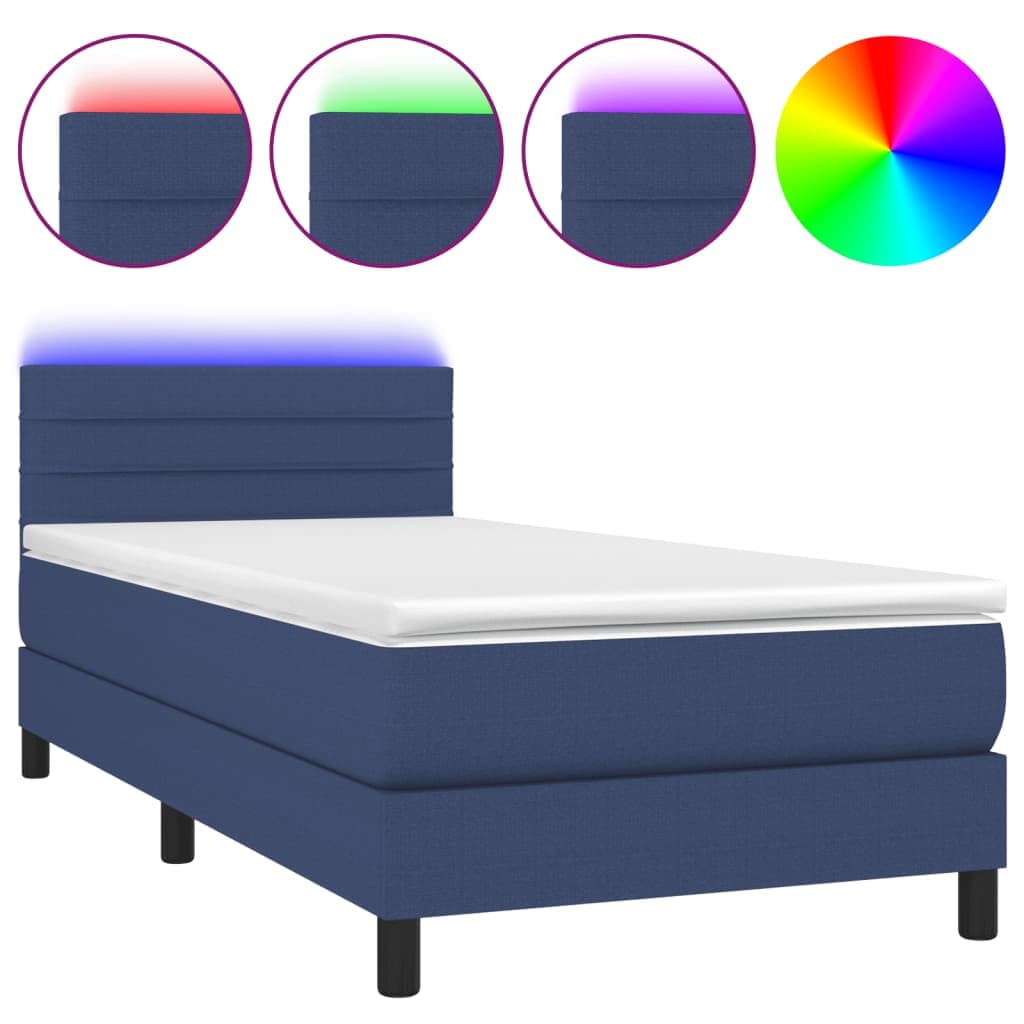 vidaXL Cama box spring c/ colchão e LED 90x190 cm tecido azul