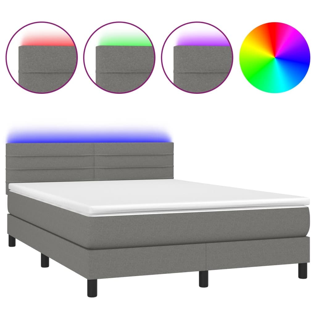 vidaXL Cama Box Spring com Colchão e LED 140x200 cm Tecido Cinza-escuro - 3948715934