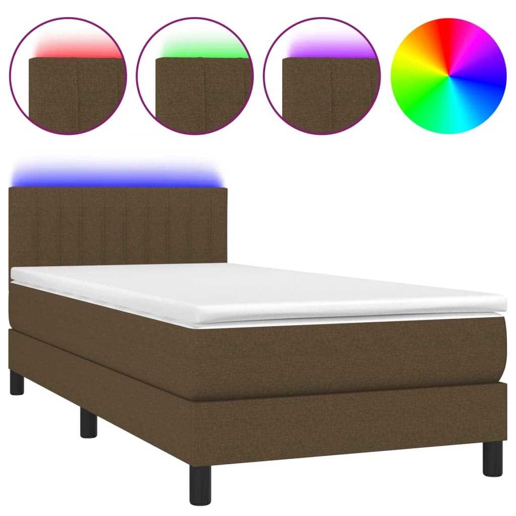 vidaXL Cama box spring c/ colchão/LED 90x190 cm tecido castanho-escuro